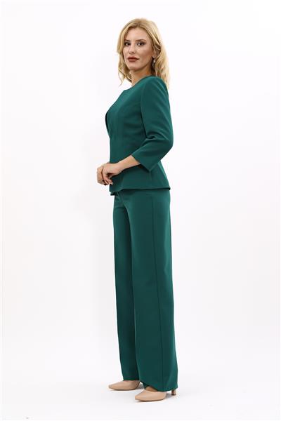 Sıfır Yaka Klasik Kısa Ceket & Bol Paça Pantolon Kadın Takım Elbise-Zümrüt