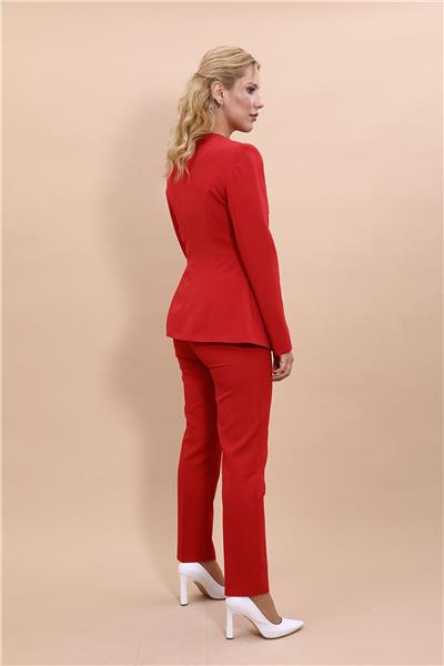 Sıfır Yaka Kurumsal Klasik Ceket & Dar Paça Pantolon Kadın Takım Elbise -Kırmızı