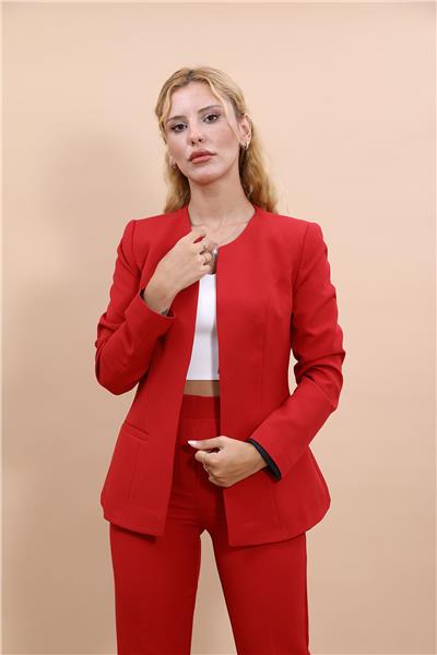 Sıfır Yaka Kurumsal Klasik Kadın Ceket -Kırmızı