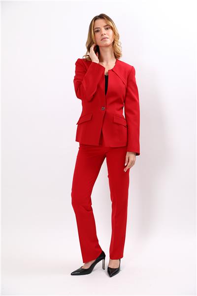 Sıfır Yaka Ön Robalı Ceket & Kemerli Boru Paça Pantolon-Kırmızı