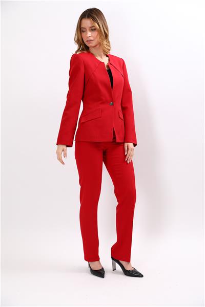 Sıfır Yaka Ön Robalı Ceket & Kemerli Boru Paça Pantolon-Kırmızı