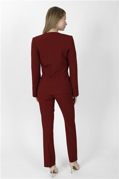 Sıfır Yaka Ön Robalı Ceket & Kemerli Boru Paça Pantolon-Bordo