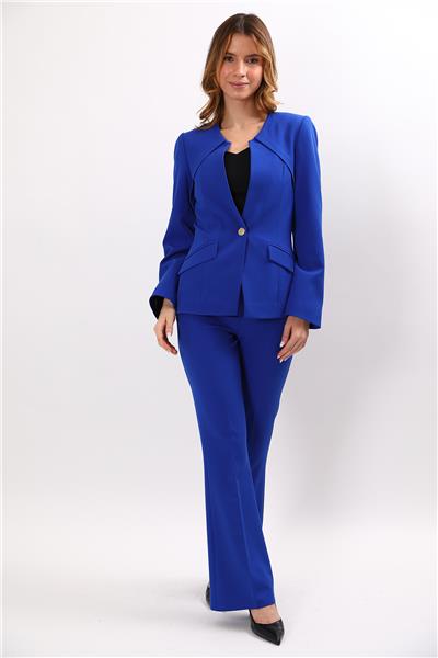 Sıfır Yaka Ön Robalı Ceket & Kemerli İspanyol Paça Pantolon-Saks