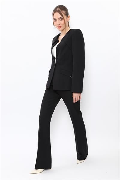 Sıfır Yaka Ön Robalı Ceket & Kemerli İspanyol Paça Pantolon-Siyah
