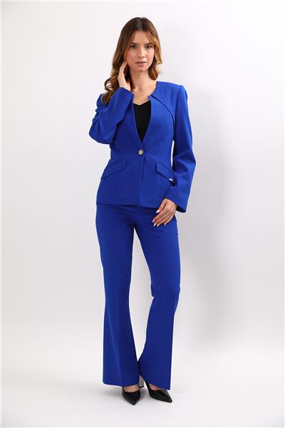 Sıfır Yaka Ön Robalı Ceket & Kemerli İspanyol Paça Pantolon-Saks