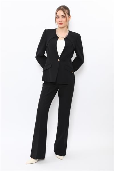Sıfır Yaka Ön Robalı Ceket & Kemerli İspanyol Paça Pantolon-Siyah