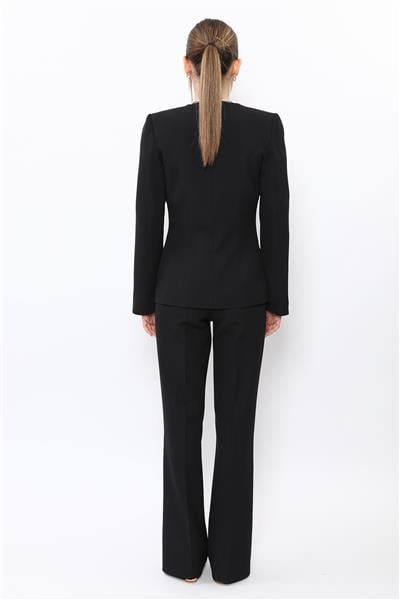 Sıfır Yaka Ön Robalı Ceket & Kemerli İspanyol Paça Pantolon-Siyah