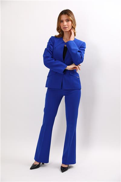 Sıfır Yaka Ön Robalı Ceket & Kemerli İspanyol Paça Pantolon-Saks