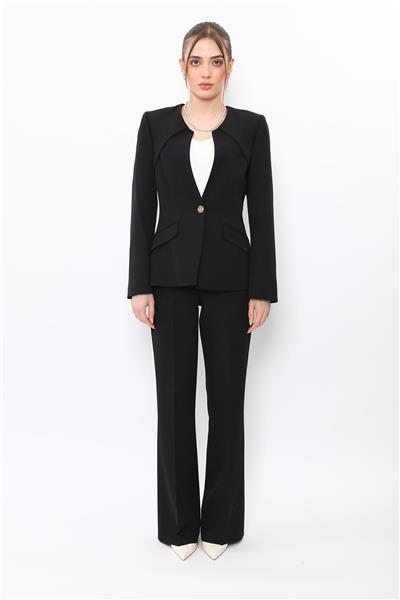 Sıfır Yaka Ön Robalı Ceket & Kemerli İspanyol Paça Pantolon-Siyah