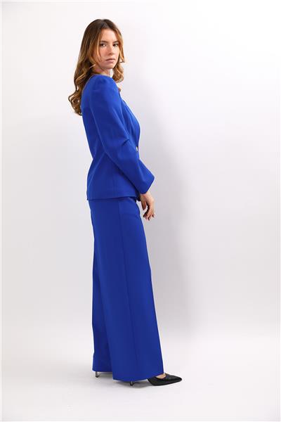 Sıfır Yaka Ön Robalı Ceket & Korsaj Kemer Palazzo Pantolon-Saks