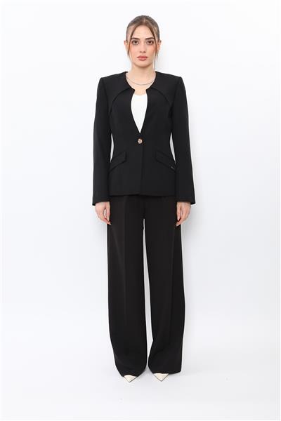 Sıfır Yaka Ön Robalı Ceket & Korsaj Kemer Palazzo Pantolon-Siyah