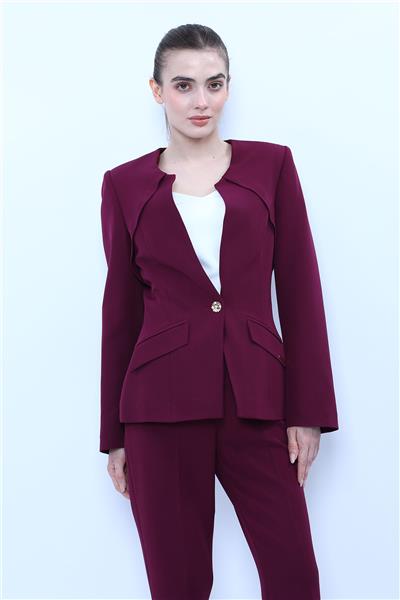 Sıfır Yaka Ön Robalı Ceket-Mürdüm