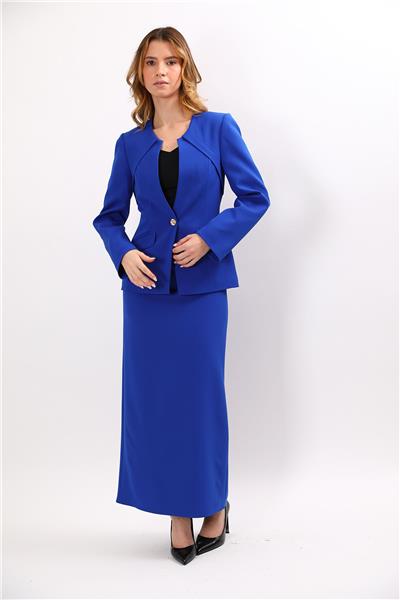 Sıfır Yaka Ön Robalı Ceket & Uzun Düz Dar Etek-Saks