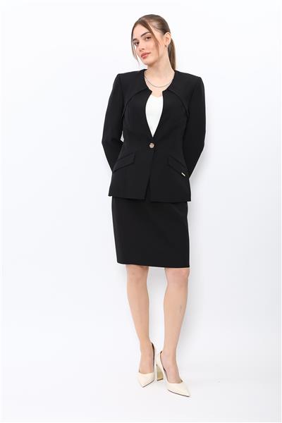 Sıfır Yaka Ön Robalı Ceket & Yırtmaçlı Düz Dar Etek-Siyah