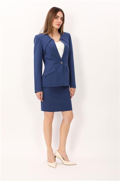 Sıfır Yaka Ön Robalı Ceket & Yırtmaçlı Düz Dar Etek-İndigo