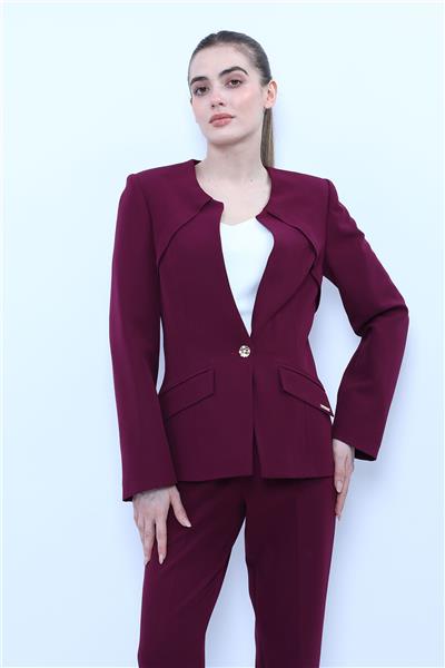 Sıfır Yaka Tek Düğme Spor Kadın Ceket-Mürdüm