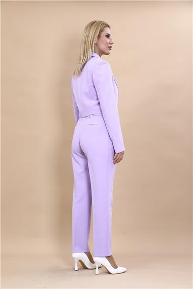Erkek Yaka Tek Düğmeli Kısa Ceket & Kemerli Köprülü Dar Paça Pantolon-Menekşe