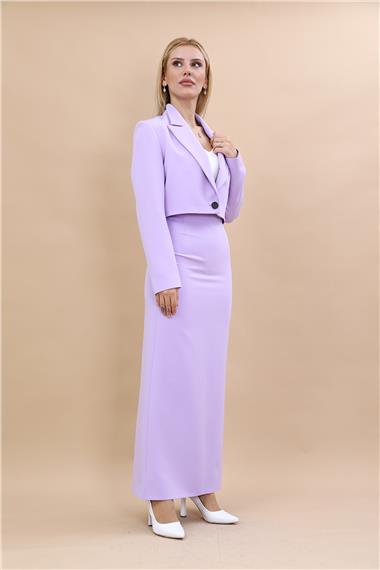 Erkek Yaka Tek Düğmeli Kısa Ceket & Uzun Düz Dar Etek-Menekşe