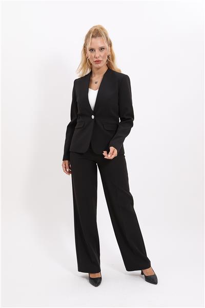 Tek Düğmeli Klasik Ceket & Bol Paça Pantolon-Siyah