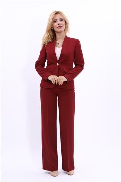 Tek Düğmeli Klasik Ceket & Bol Paça Pantolon-Bordo