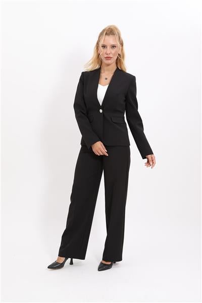 Tek Düğmeli Klasik Ceket & Bol Paça Pantolon-Siyah
