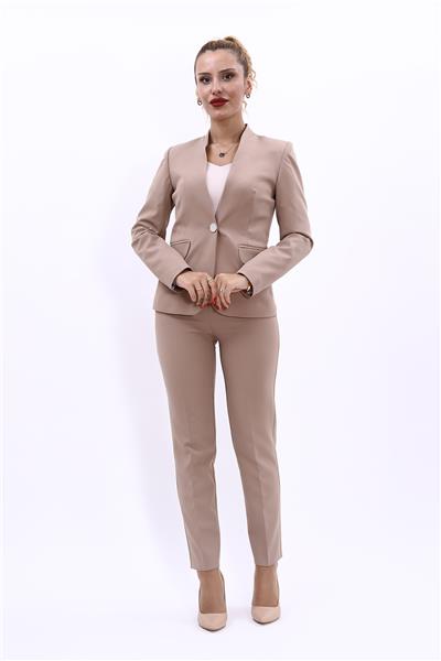 Tek Düğmeli Klasik Ceket & Dar Paça Pantolon-Taş