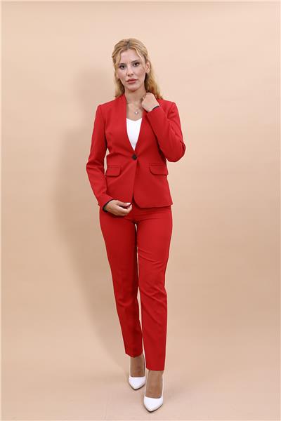 Tek Düğmeli Klasik Ceket & Dar Paça Pantolon-Kırmızı