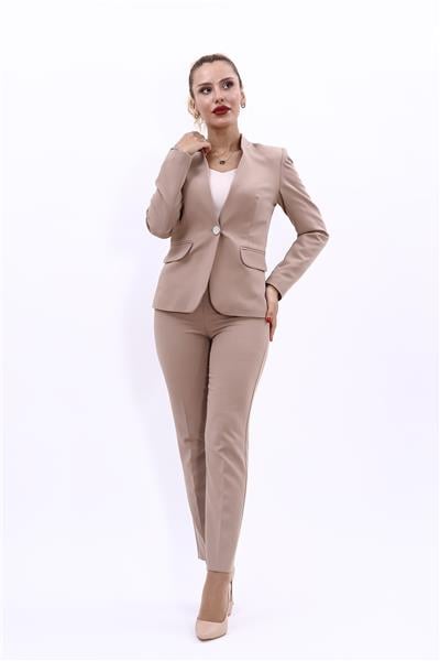 Tek Düğmeli Klasik Ceket & Dar Paça Pantolon-Taş