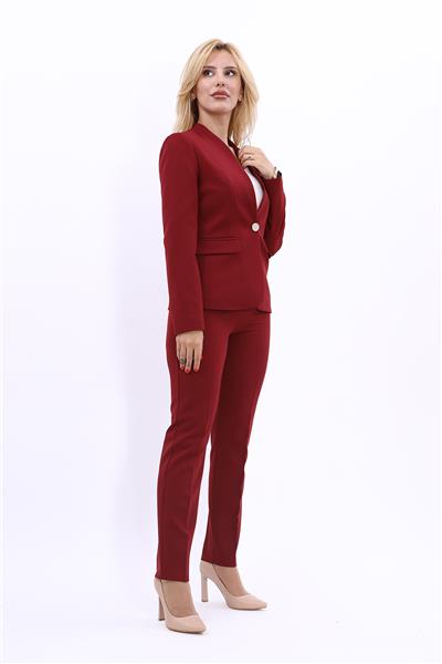 Tek Düğmeli Klasik Ceket & Dar Paça Pantolon-Bordo