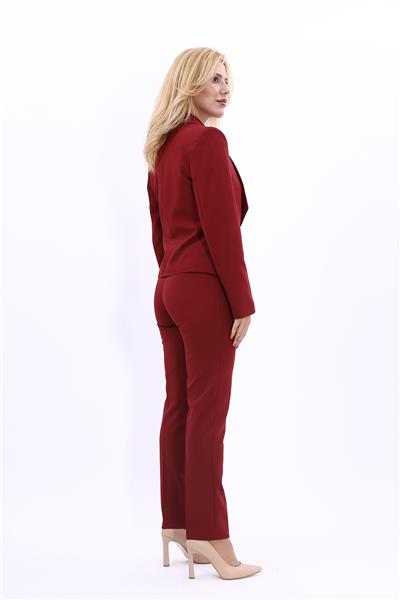 Tek Düğmeli Klasik Modern Ceket & Dar Paça Pantolon Kadın Takım Elbise -Bordo