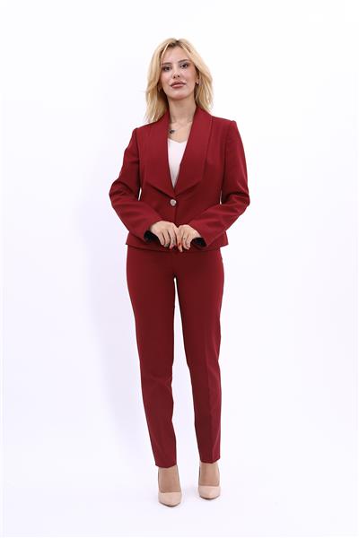 Tek Düğmeli Klasik Modern Ceket & Dar Paça Pantolon Kadın Takım Elbise -Bordo