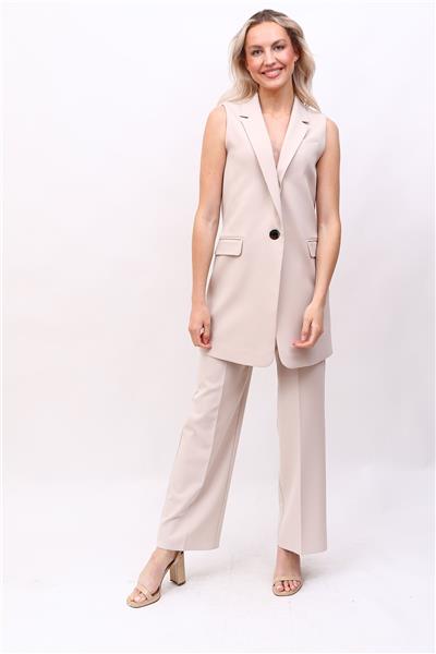 Tek Düğmeli Salaş Yelek & Bol Paça Pantolon Takım-Bej