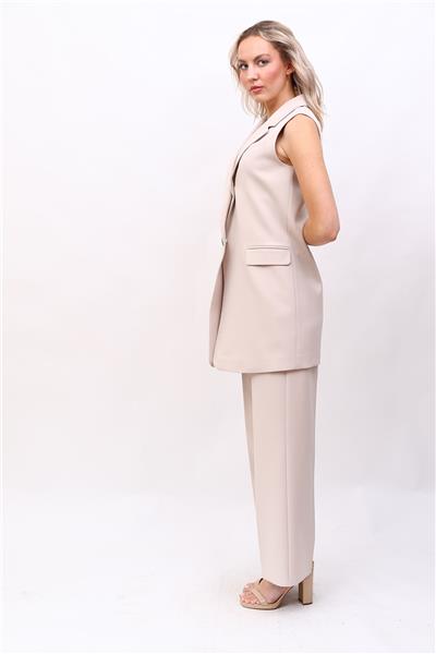 Tek Düğmeli Salaş Yelek & Bol Paça Pantolon Takım-Bej