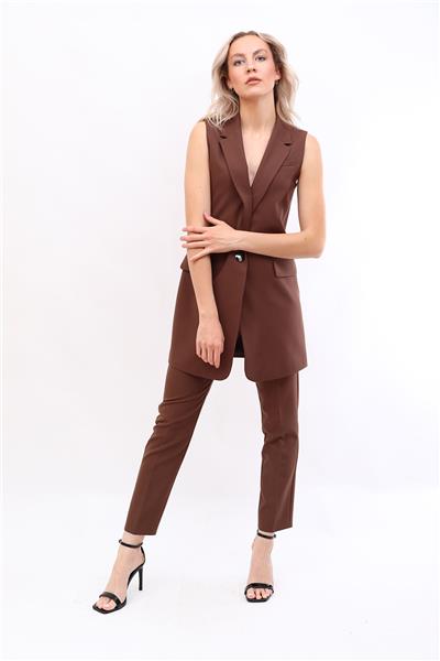 Tek Düğmeli Salaş Yelek & Boru Paça Pantolon Takım-Kestane