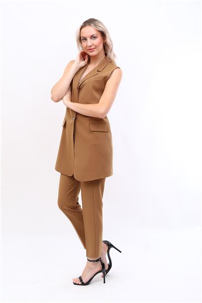 Tek Düğmeli Salaş Yelek & Boru Paça Pantolon Takım-Camel