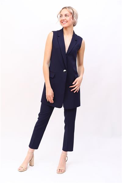 Tek Düğmeli Salaş Yelek & Boru Paça Pantolon Takım-Lacivert