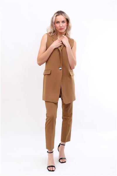 Tek Düğmeli Salaş Yelek & Boru Paça Pantolon Takım-Camel