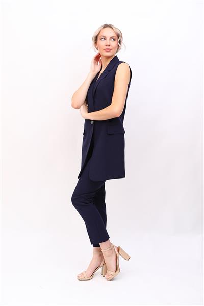 Tek Düğmeli Salaş Yelek & Boru Paça Pantolon Takım-Lacivert