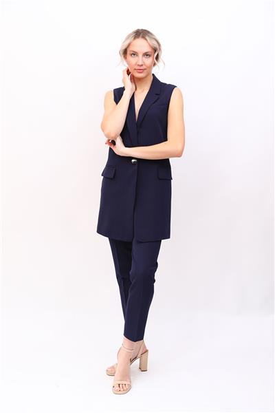 Tek Düğmeli Salaş Yelek & Boru Paça Pantolon Takım-Lacivert