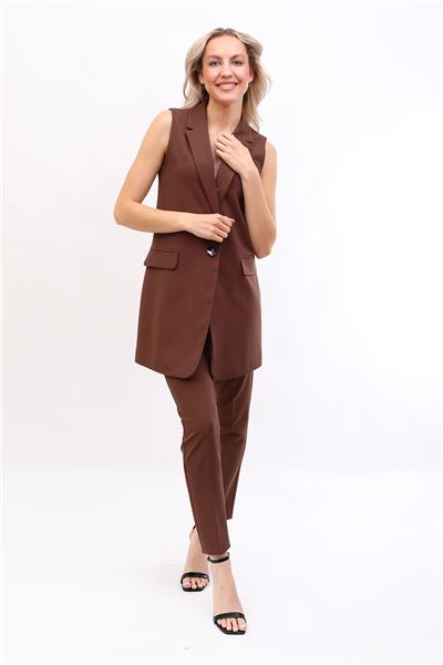 Tek Düğmeli Salaş Yelek & Boru Paça Pantolon Takım-Kestane