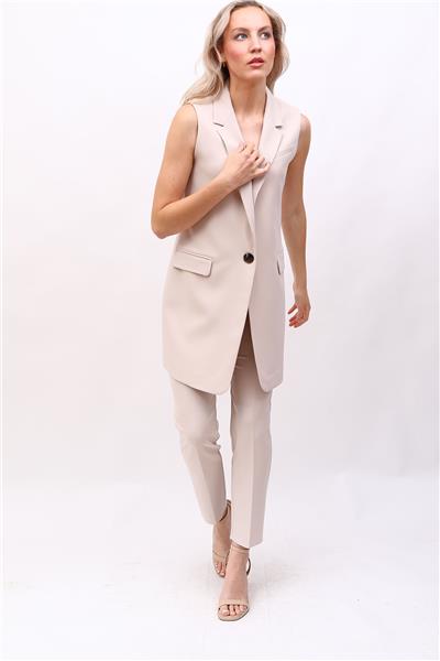 Tek Düğmeli Salaş Yelek & Boru Paça Pantolon Takım-Bej