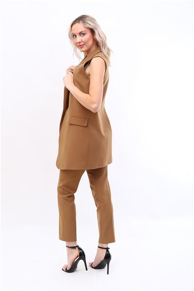Tek Düğmeli Salaş Yelek & Boru Paça Pantolon Takım-Camel