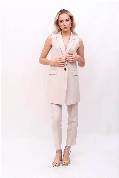Tek Düğmeli Salaş Yelek & Boru Paça Pantolon Takım-Bej