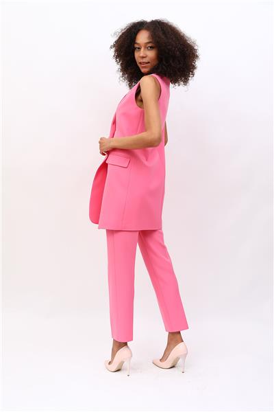 Tek Düğmeli Salaş Yelek & Boru Paça Pantolon Takım-Pembe