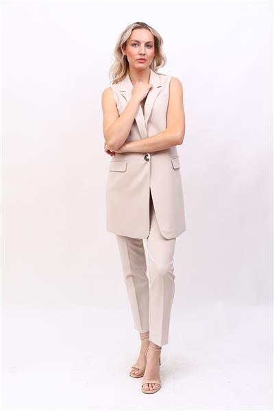 Tek Düğmeli Salaş Yelek & Boru Paça Pantolon Takım-Bej