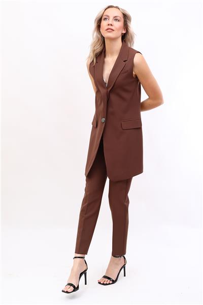 Tek Düğmeli Salaş Yelek & Boru Paça Pantolon Takım-Kestane