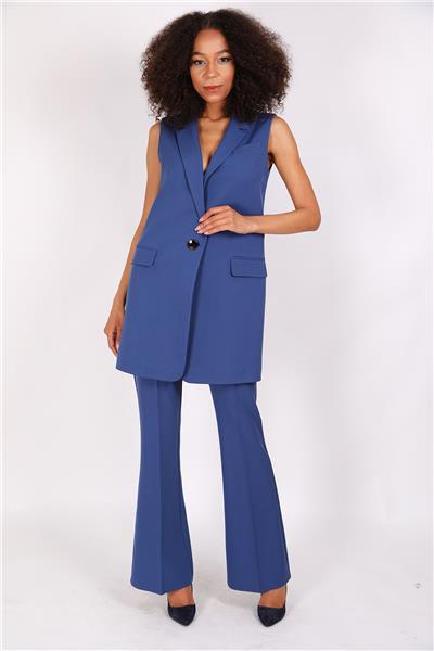 Tek Düğmeli Salaş Yelek &  İspanyol  Paça Pantolon Takım-İndigo