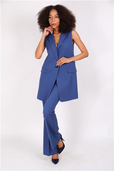 Tek Düğmeli Salaş Yelek &  İspanyol  Paça Pantolon Takım-İndigo
