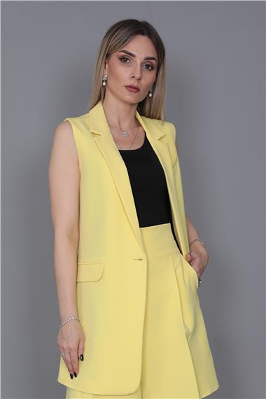 Erkek Yaka Tek Düğmeli Uzun Yelek-Sarı