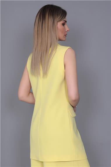 Erkek Yaka Tek Düğmeli Uzun Yelek-Sarı